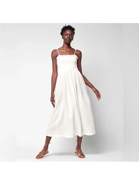 Faherty White Smocked Midi Dress with Spaghetti Straps